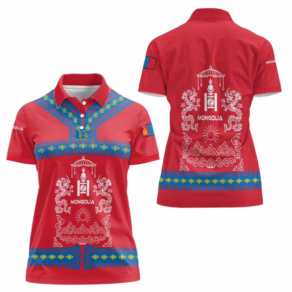 Mongolia Women Polo Shirt with Soyombo Dragon Sun Red Blue Tradition Spirit