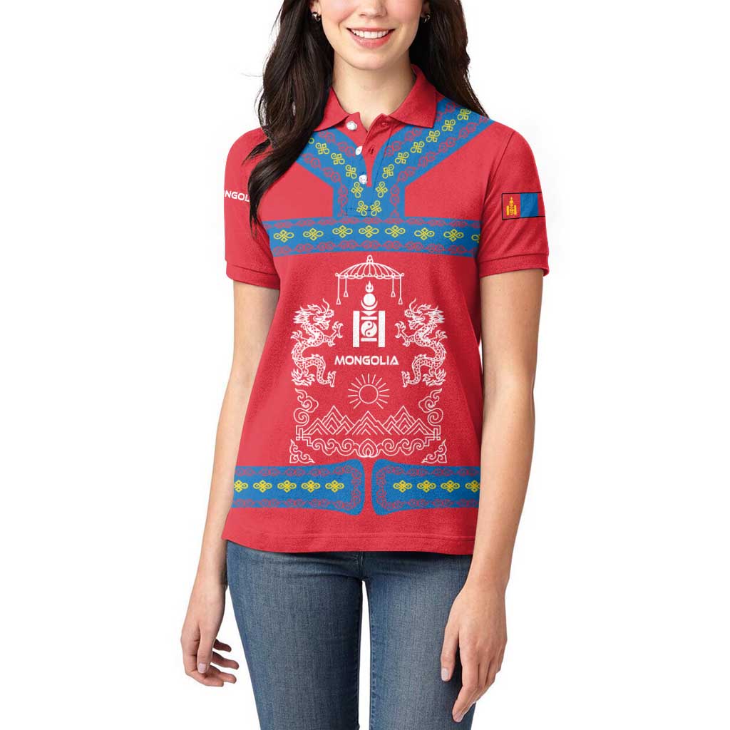 Mongolia Women Polo Shirt with Soyombo Dragon Sun Red Blue Tradition Spirit