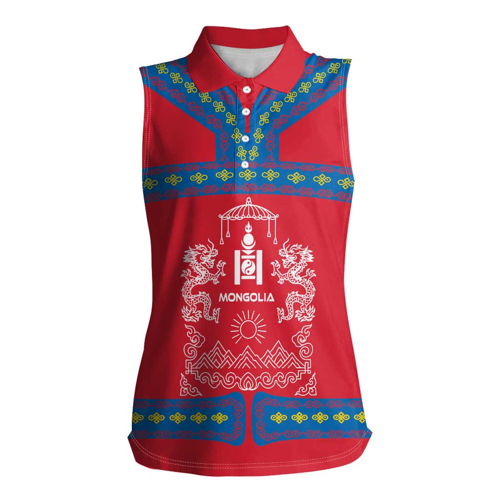 Mongolia Women Sleeveless Polo Shirt with Soyombo Dragon Sun Red Blue Tradition Spirit