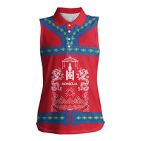 Mongolia Women Sleeveless Polo Shirt with Soyombo Dragon Sun Red Blue Tradition Spirit