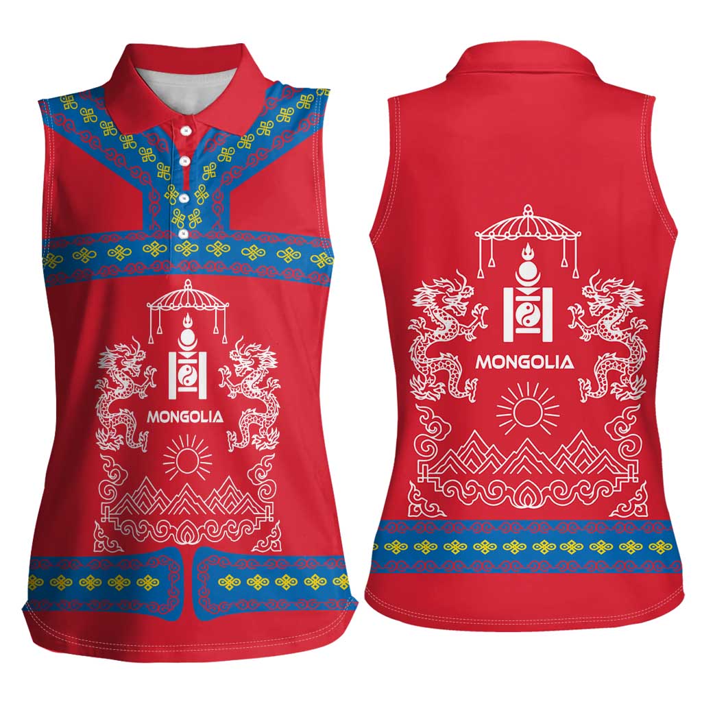 Mongolia Women Sleeveless Polo Shirt with Soyombo Dragon Sun Red Blue Tradition Spirit