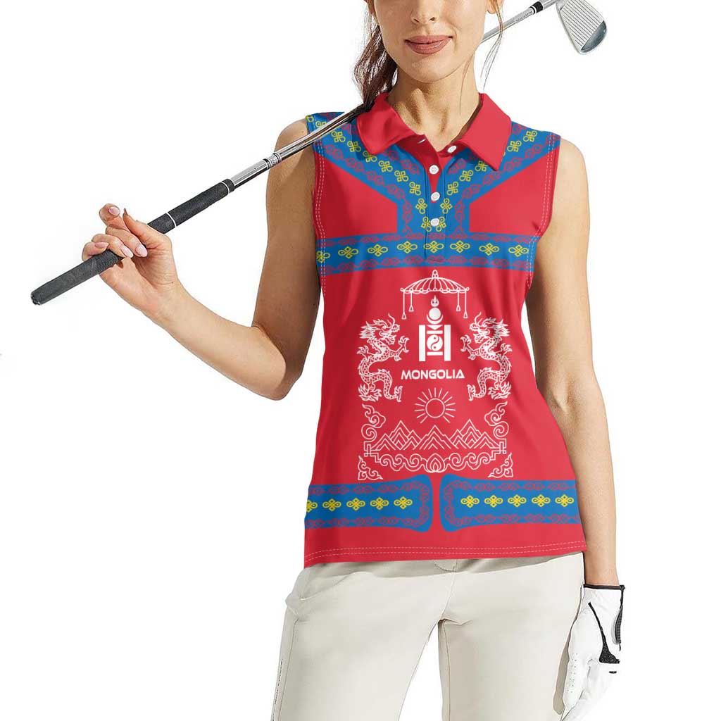 Mongolia Women Sleeveless Polo Shirt with Soyombo Dragon Sun Red Blue Tradition Spirit
