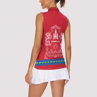 Mongolia Women Sleeveless Polo Shirt with Soyombo Dragon Sun Red Blue Tradition Spirit