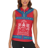 Mongolia Women Sleeveless Polo Shirt with Soyombo Dragon Sun Red Blue Tradition Spirit