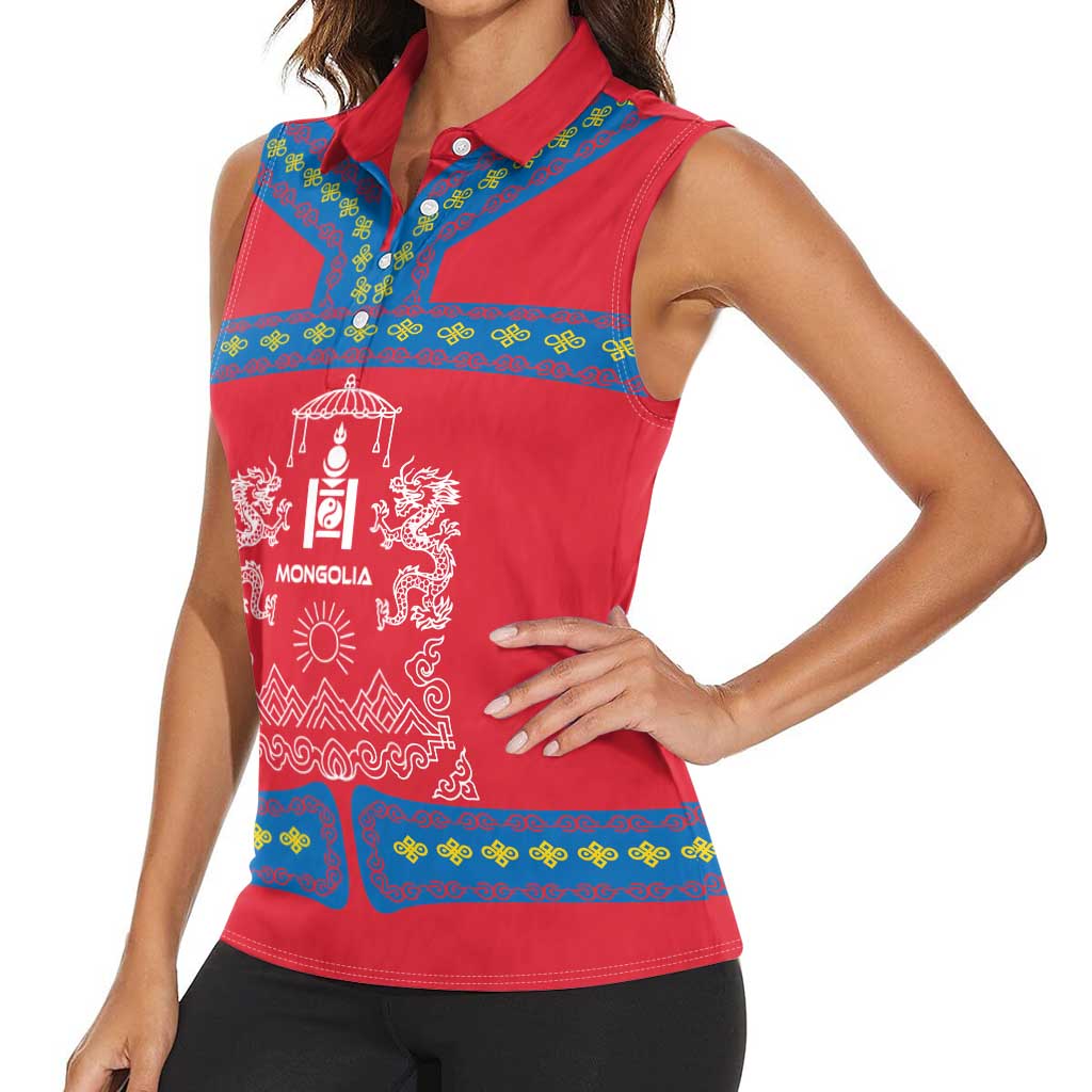 Mongolia Women Sleeveless Polo Shirt with Soyombo Dragon Sun Red Blue Tradition Spirit