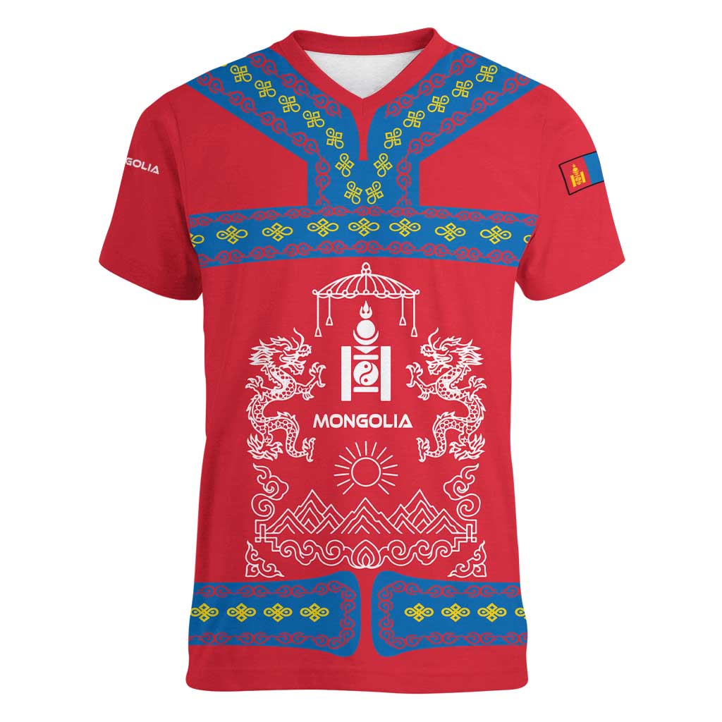Mongolia Women V-Neck T-Shirt with Soyombo Dragon Sun Red Blue Tradition Spirit