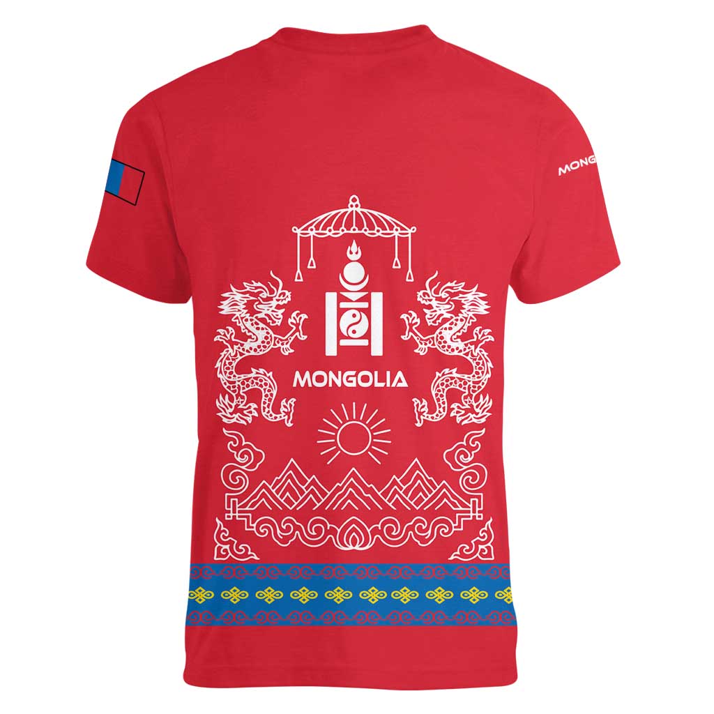 Mongolia Women V-Neck T-Shirt with Soyombo Dragon Sun Red Blue Tradition Spirit