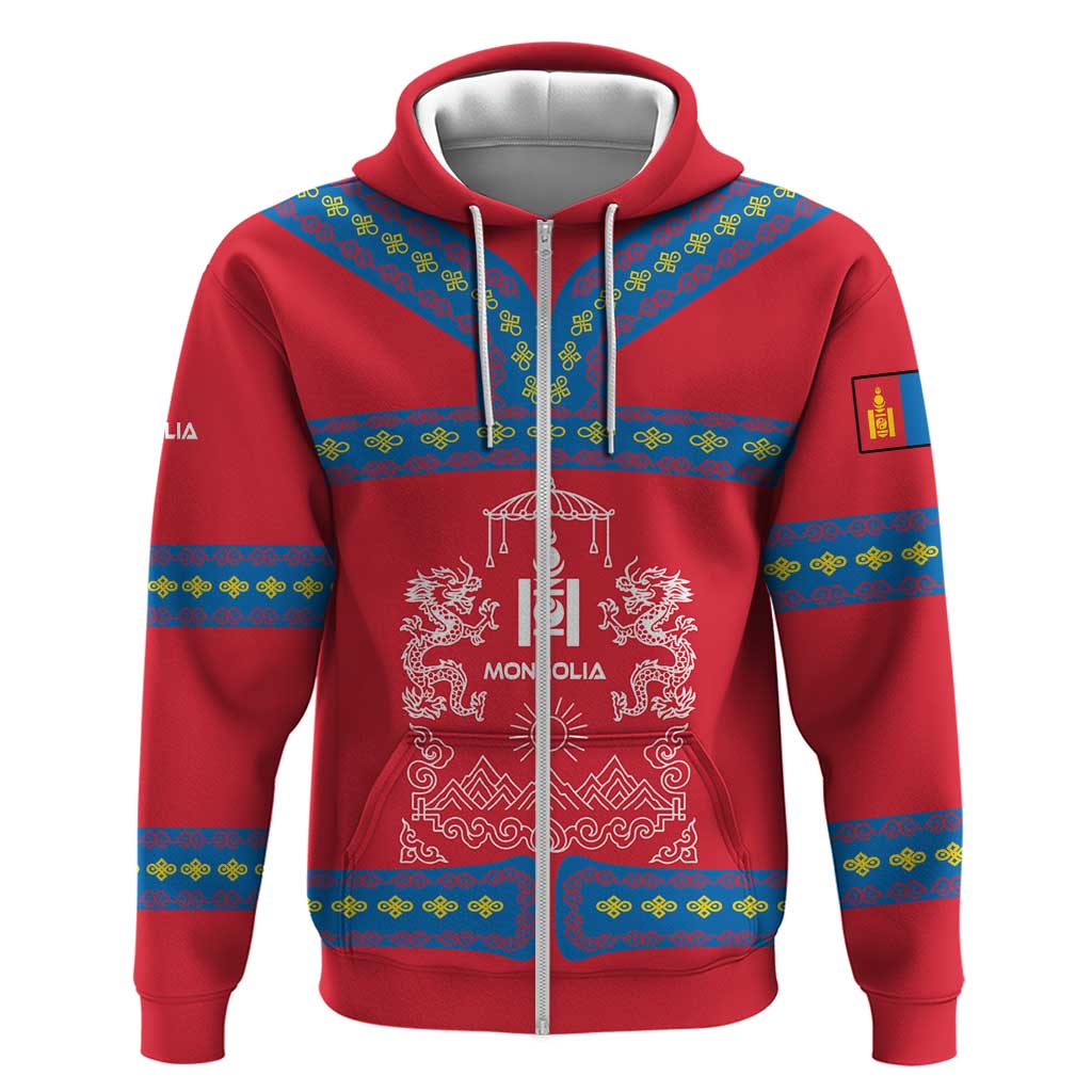 Mongolia Zip Hoodie with Soyombo Dragon Sun Red Blue Tradition Spirit
