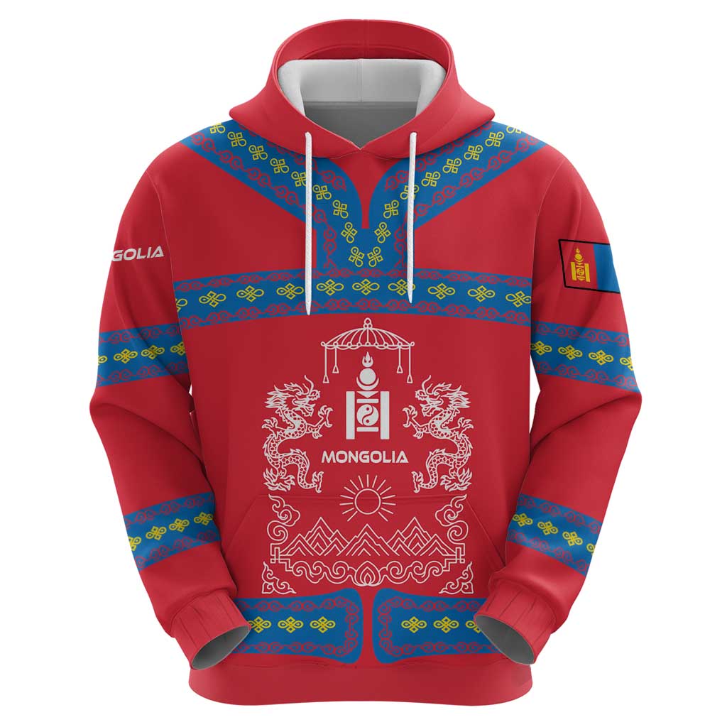 Mongolia Zip Hoodie with Soyombo Dragon Sun Red Blue Tradition Spirit