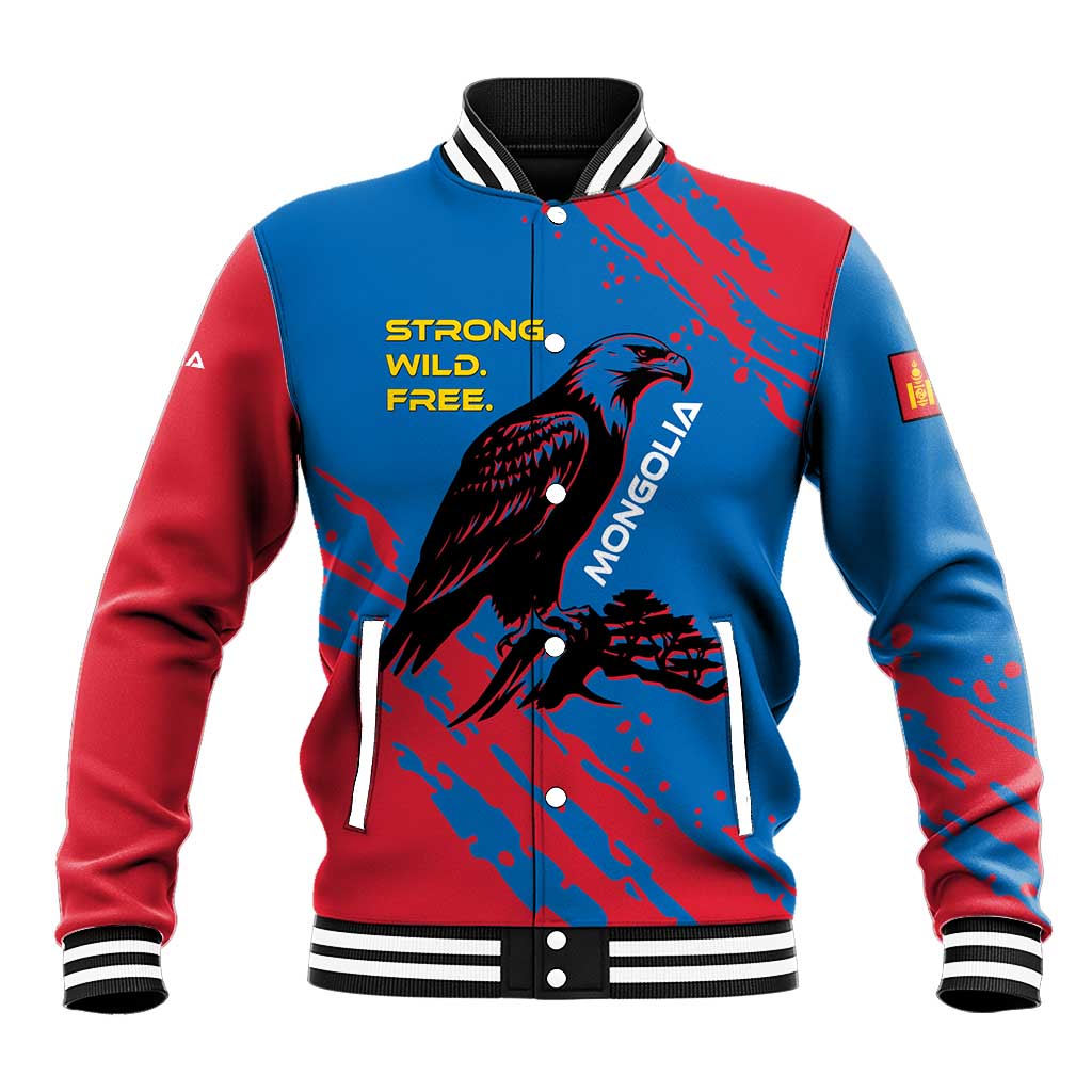 Mongolia Baseball Jacket with Eagle Strong Wild Free Red Blue Brush Spirit