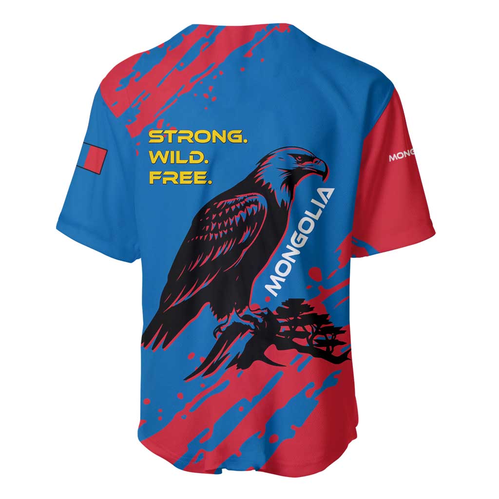 Mongolia Baseball Jersey with Eagle Strong Wild Free Red Blue Brush Spirit