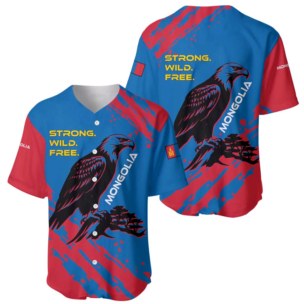 Mongolia Baseball Jersey with Eagle Strong Wild Free Red Blue Brush Spirit