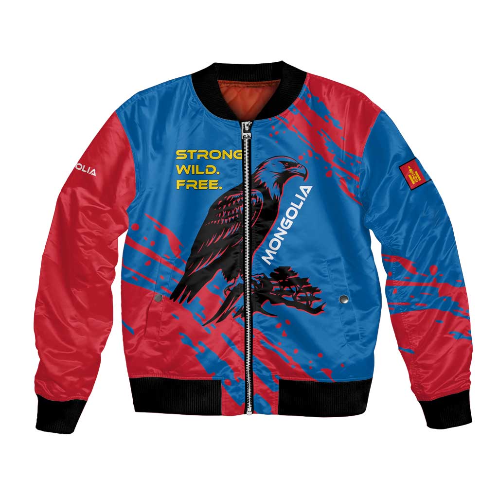Mongolia Bomber Jacket with Eagle Strong Wild Free Red Blue Brush Spirit