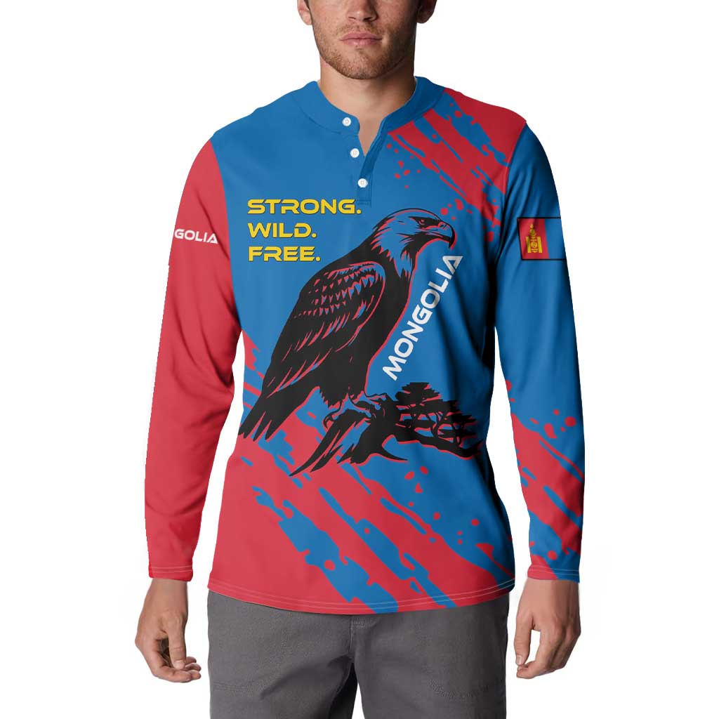 Mongolia Button Sweatshirt with Eagle Strong Wild Free Red Blue Brush Spirit