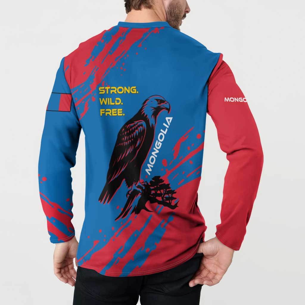 Mongolia Button Sweatshirt with Eagle Strong Wild Free Red Blue Brush Spirit