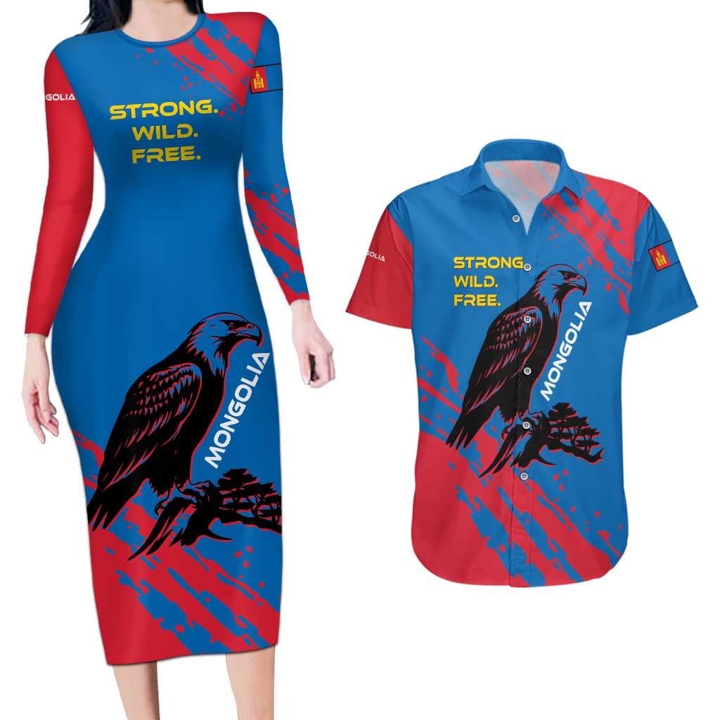 Mongolia Couples Matching Long Sleeve Bodycon Dress and Hawaiian Shirt with Eagle Strong Wild Free Red Blue Brush Spirit