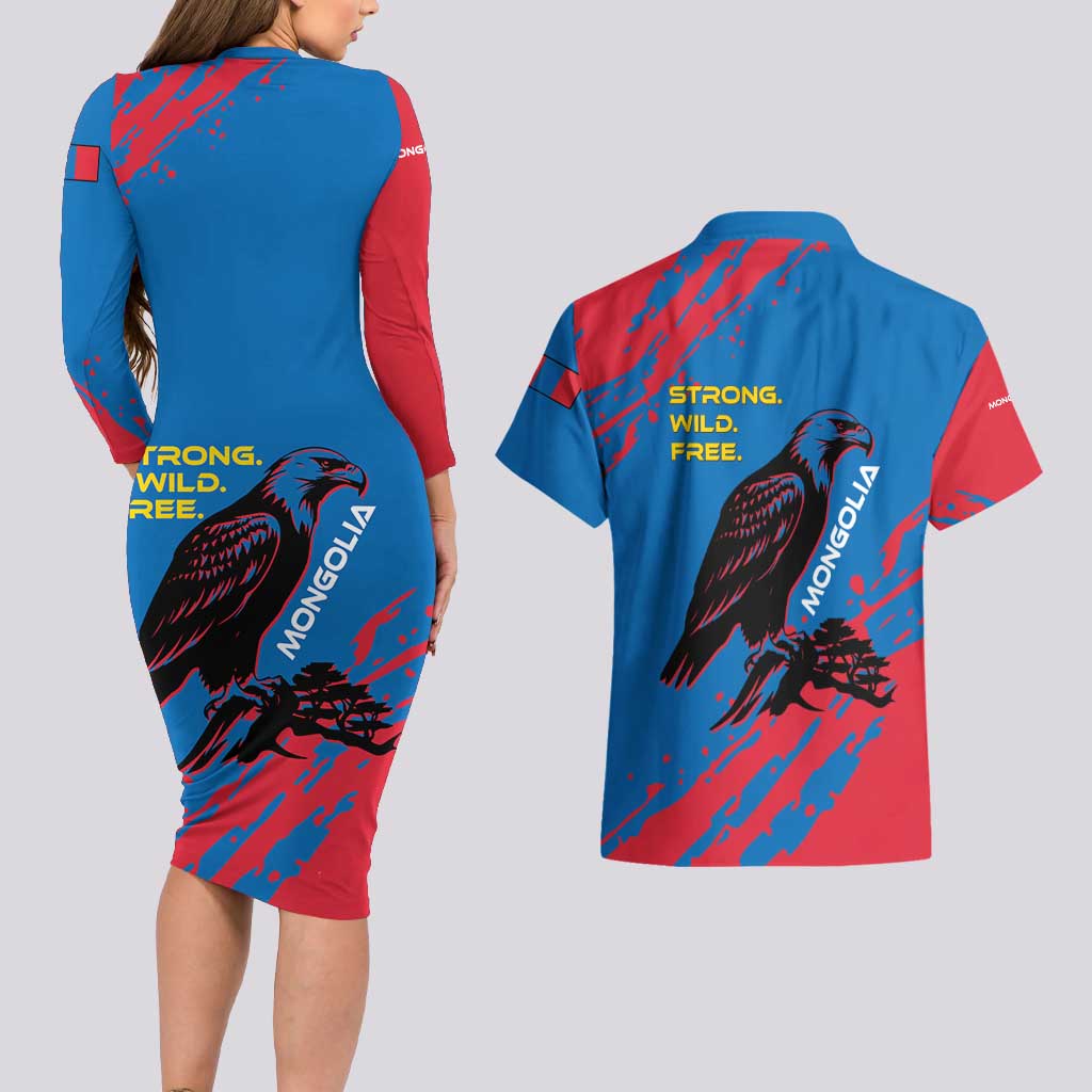 Mongolia Couples Matching Long Sleeve Bodycon Dress and Hawaiian Shirt with Eagle Strong Wild Free Red Blue Brush Spirit