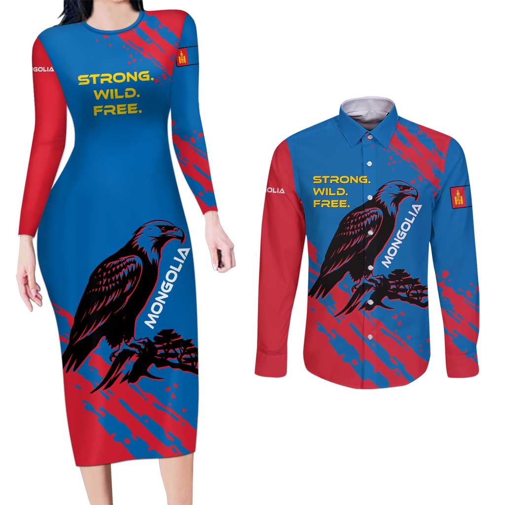 Mongolia Couples Matching Long Sleeve Bodycon Dress and Long Sleeve Button Shirt with Eagle Strong Wild Free Red Blue Brush Spirit