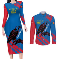Mongolia Couples Matching Long Sleeve Bodycon Dress and Long Sleeve Button Shirt with Eagle Strong Wild Free Red Blue Brush Spirit