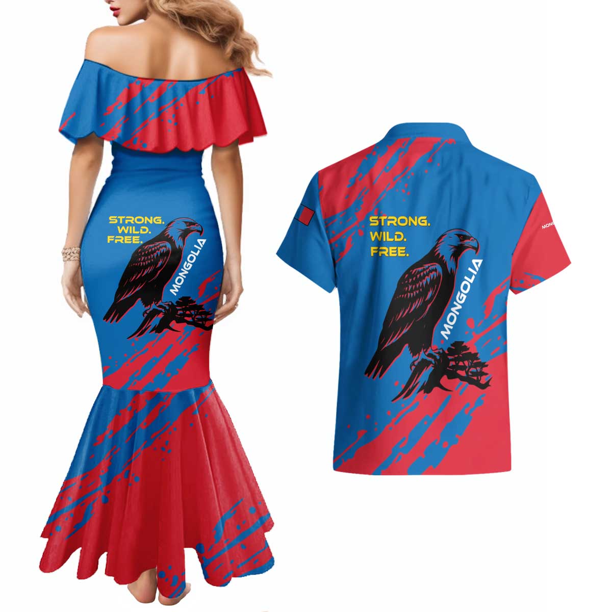 Mongolia Couples Matching Mermaid Dress and Hawaiian Shirt with Eagle Strong Wild Free Red Blue Brush Spirit