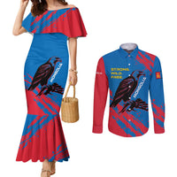 Mongolia Couples Matching Mermaid Dress and Long Sleeve Button Shirt with Eagle Strong Wild Free Red Blue Brush Spirit