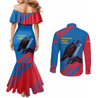 Mongolia Couples Matching Mermaid Dress and Long Sleeve Button Shirt with Eagle Strong Wild Free Red Blue Brush Spirit