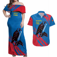 Mongolia Couples Matching Off Shoulder Maxi Dress and Hawaiian Shirt with Eagle Strong Wild Free Red Blue Brush Spirit