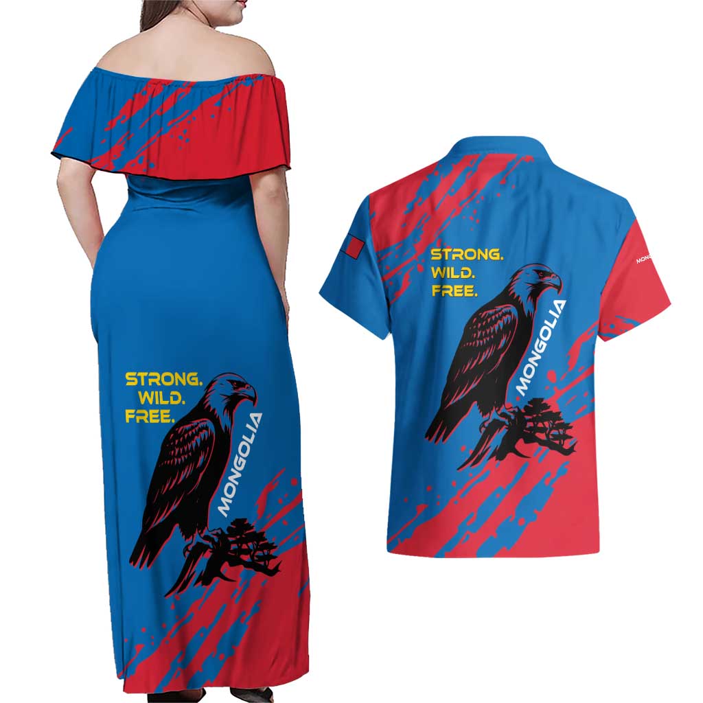 Mongolia Couples Matching Off Shoulder Maxi Dress and Hawaiian Shirt with Eagle Strong Wild Free Red Blue Brush Spirit