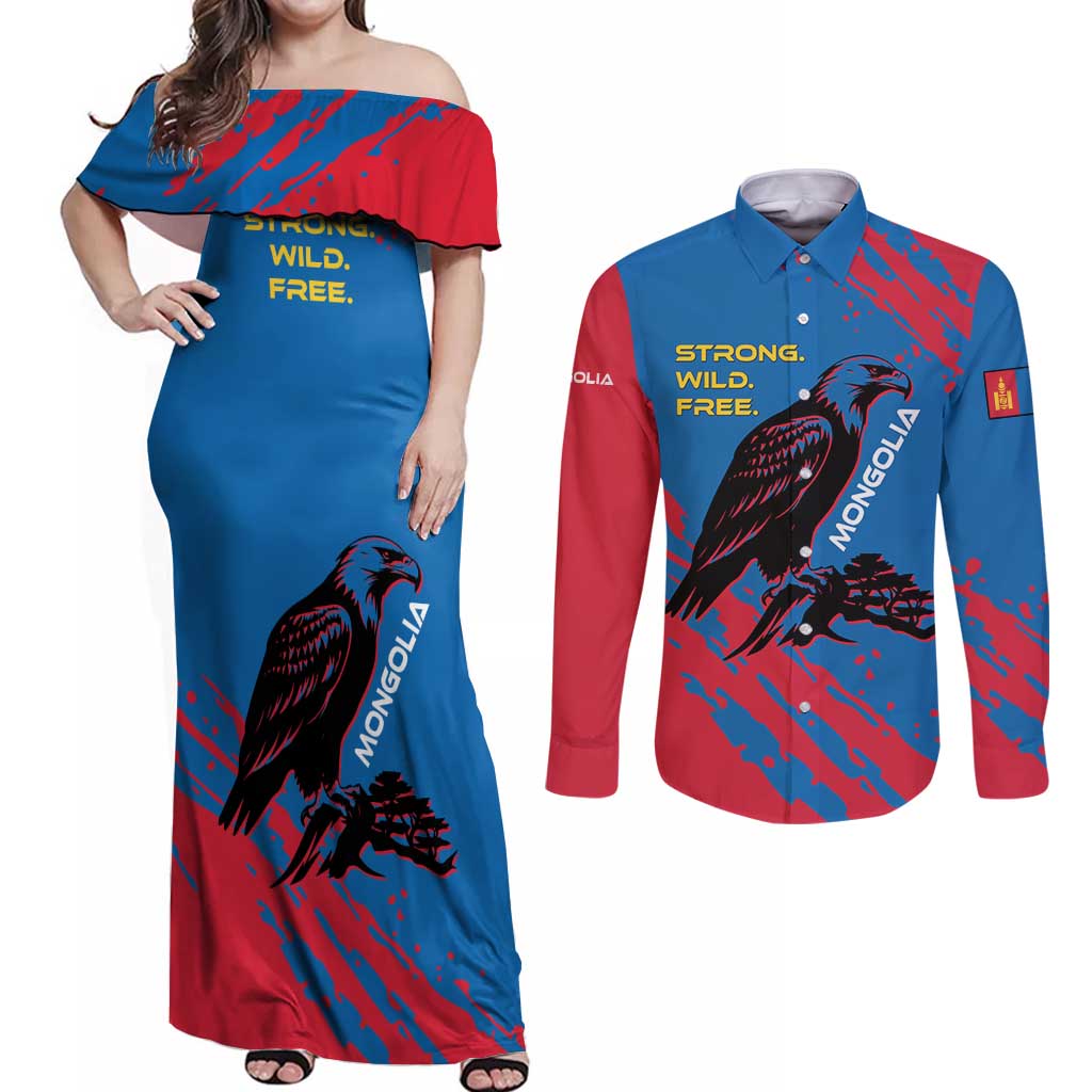 Mongolia Couples Matching Off Shoulder Maxi Dress and Long Sleeve Button Shirt with Eagle Strong Wild Free Red Blue Brush Spirit
