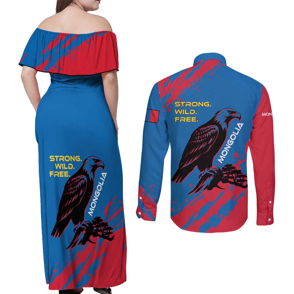 Mongolia Couples Matching Off Shoulder Maxi Dress and Long Sleeve Button Shirt with Eagle Strong Wild Free Red Blue Brush Spirit
