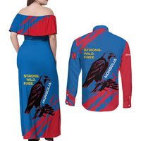 Mongolia Couples Matching Off Shoulder Maxi Dress and Long Sleeve Button Shirt with Eagle Strong Wild Free Red Blue Brush Spirit