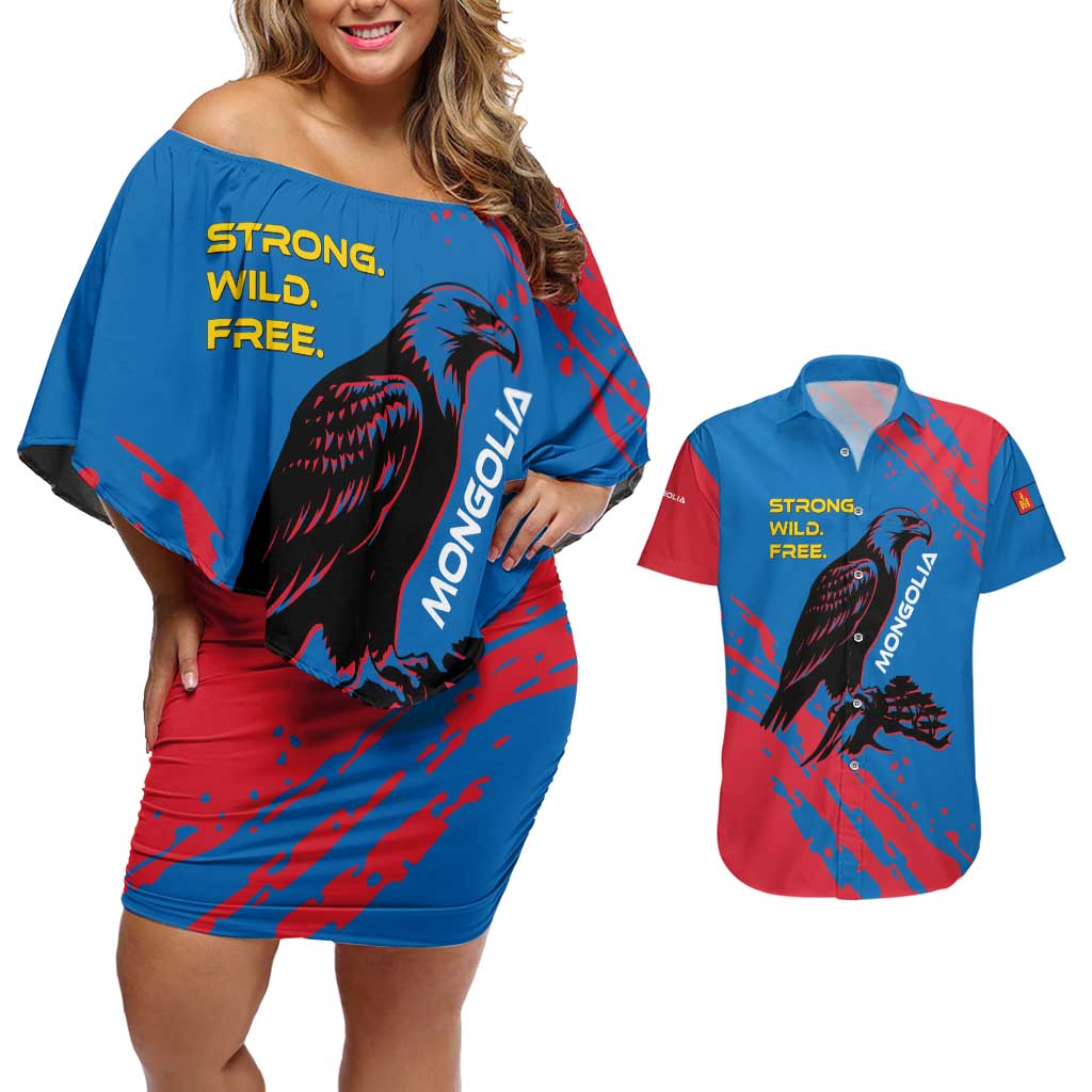Mongolia Couples Matching Off Shoulder Short Dress and Hawaiian Shirt with Eagle Strong Wild Free Red Blue Brush Spirit