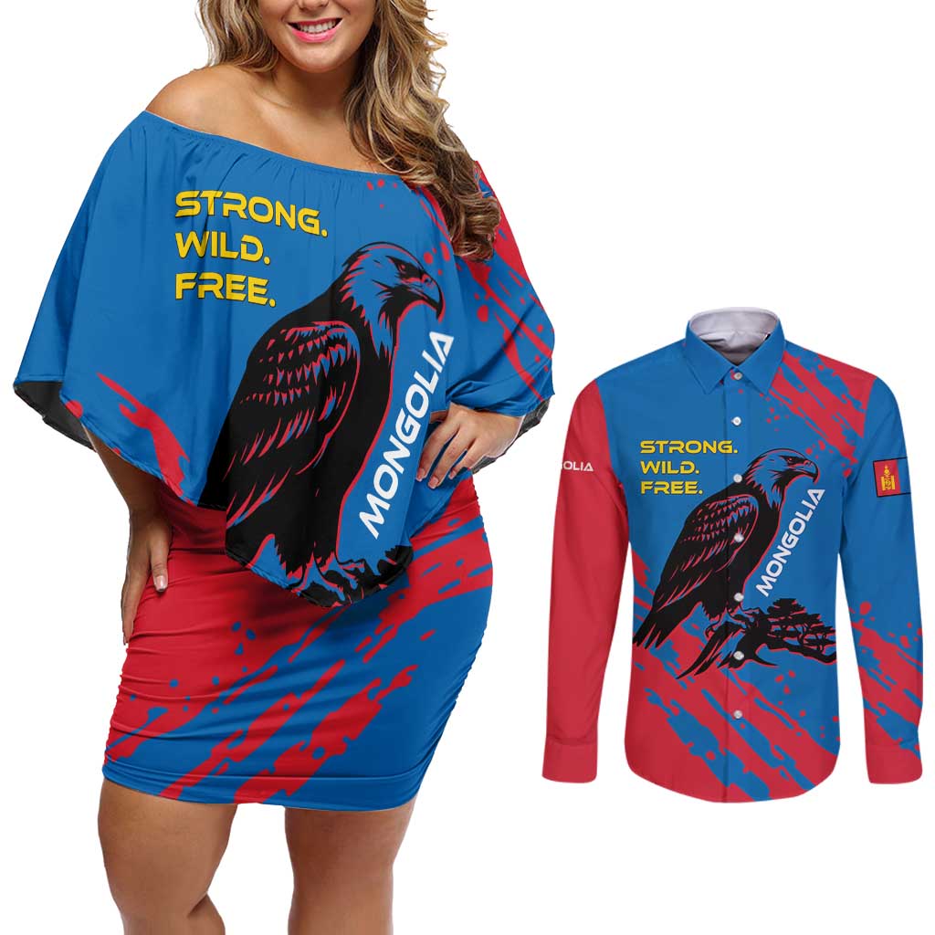 Mongolia Couples Matching Off Shoulder Short Dress and Long Sleeve Button Shirt with Eagle Strong Wild Free Red Blue Brush Spirit