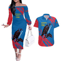 Mongolia Couples Matching Off The Shoulder Long Sleeve Dress and Hawaiian Shirt with Eagle Strong Wild Free Red Blue Brush Spirit