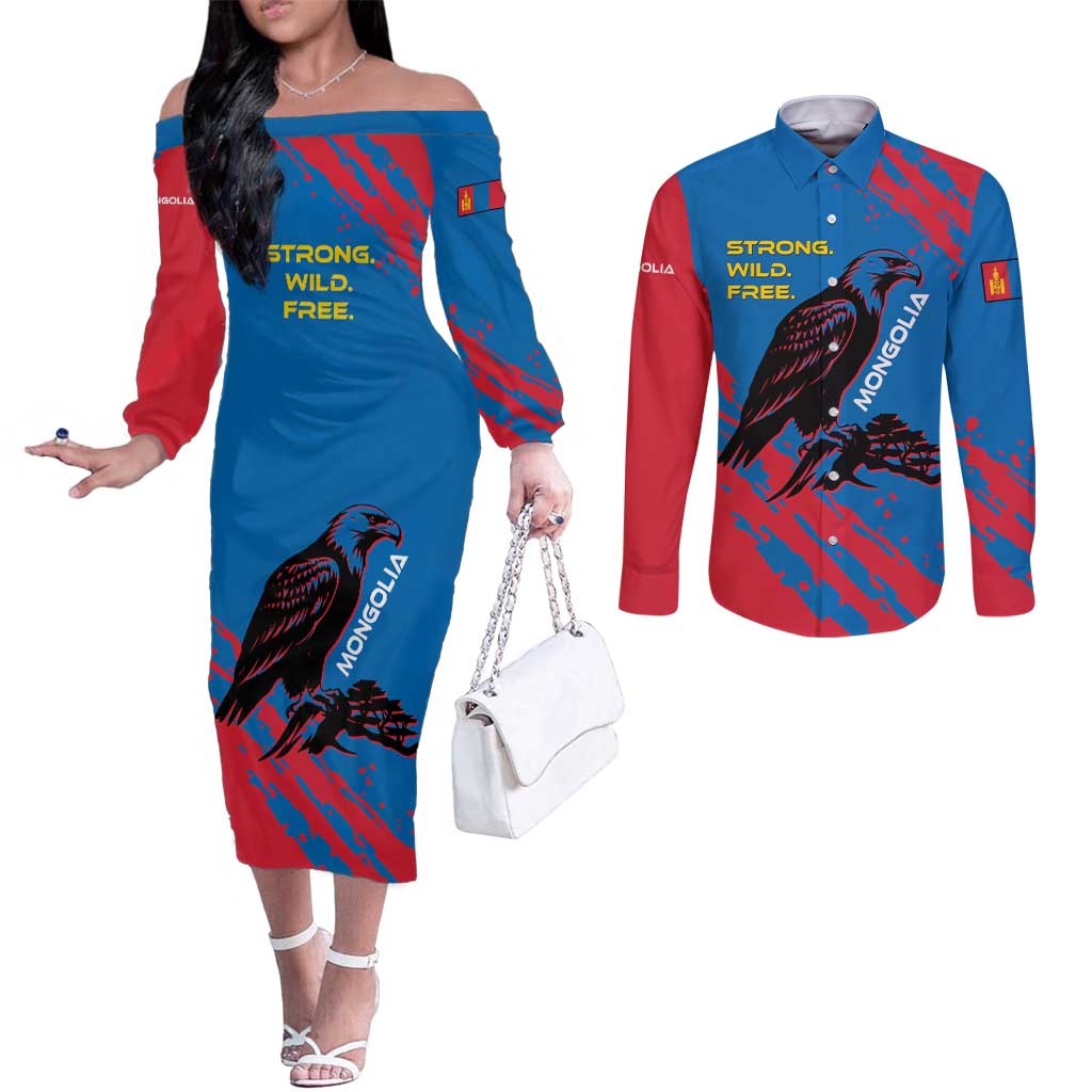 Mongolia Couples Matching Off The Shoulder Long Sleeve Dress and Long Sleeve Button Shirt with Eagle Strong Wild Free Red Blue Brush Spirit