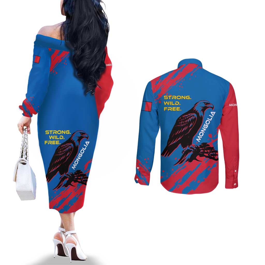 Mongolia Couples Matching Off The Shoulder Long Sleeve Dress and Long Sleeve Button Shirt with Eagle Strong Wild Free Red Blue Brush Spirit