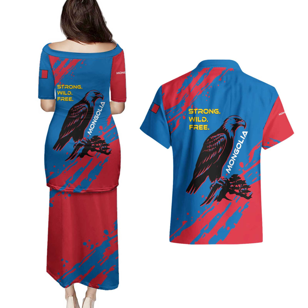 Mongolia Couples Matching Puletasi and Hawaiian Shirt with Eagle Strong Wild Free Red Blue Brush Spirit