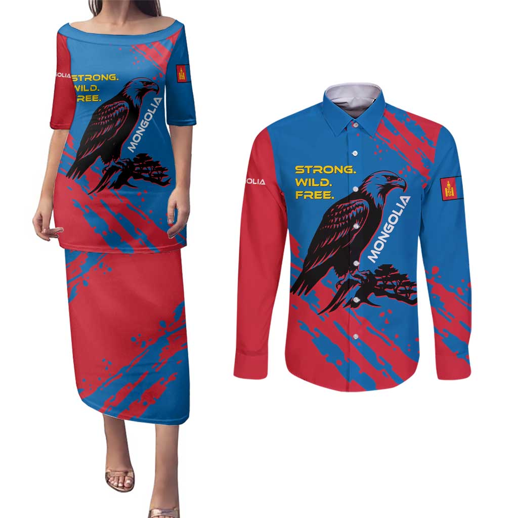 Mongolia Couples Matching Puletasi and Long Sleeve Button Shirt with Eagle Strong Wild Free Red Blue Brush Spirit