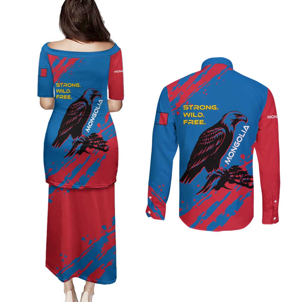 Mongolia Couples Matching Puletasi and Long Sleeve Button Shirt with Eagle Strong Wild Free Red Blue Brush Spirit