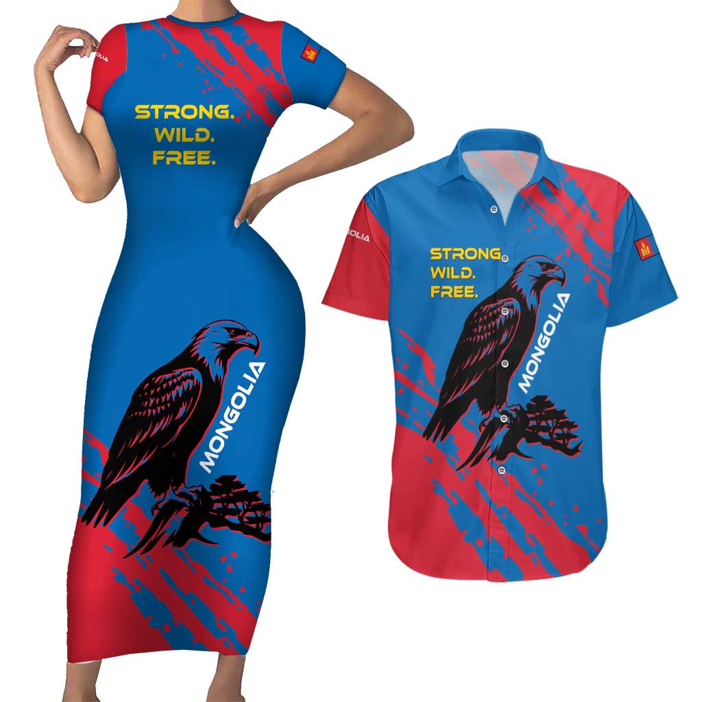 Mongolia Couples Matching Short Sleeve Bodycon Dress and Hawaiian Shirt with Eagle Strong Wild Free Red Blue Brush Spirit