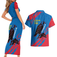 Mongolia Couples Matching Short Sleeve Bodycon Dress and Hawaiian Shirt with Eagle Strong Wild Free Red Blue Brush Spirit