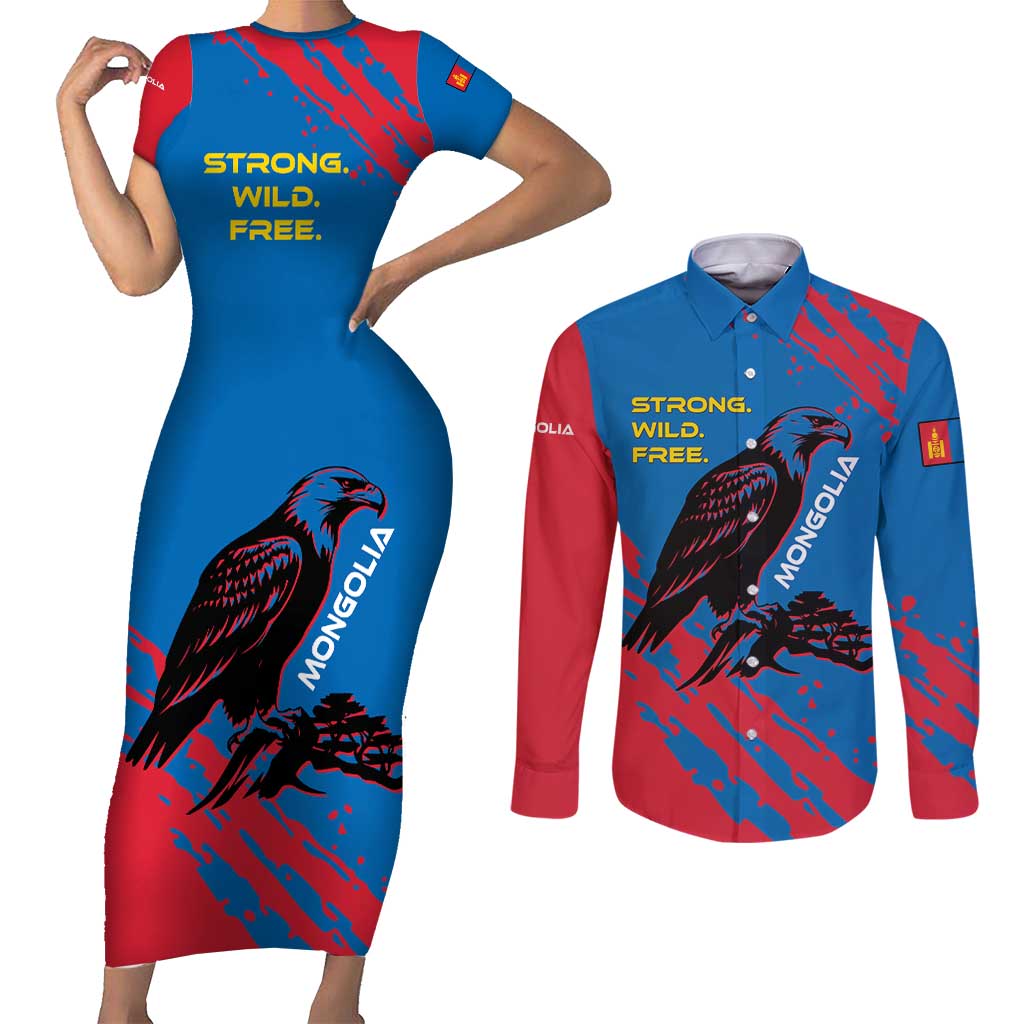 Mongolia Couples Matching Short Sleeve Bodycon Dress and Long Sleeve Button Shirt with Eagle Strong Wild Free Red Blue Brush Spirit