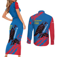 Mongolia Couples Matching Short Sleeve Bodycon Dress and Long Sleeve Button Shirt with Eagle Strong Wild Free Red Blue Brush Spirit