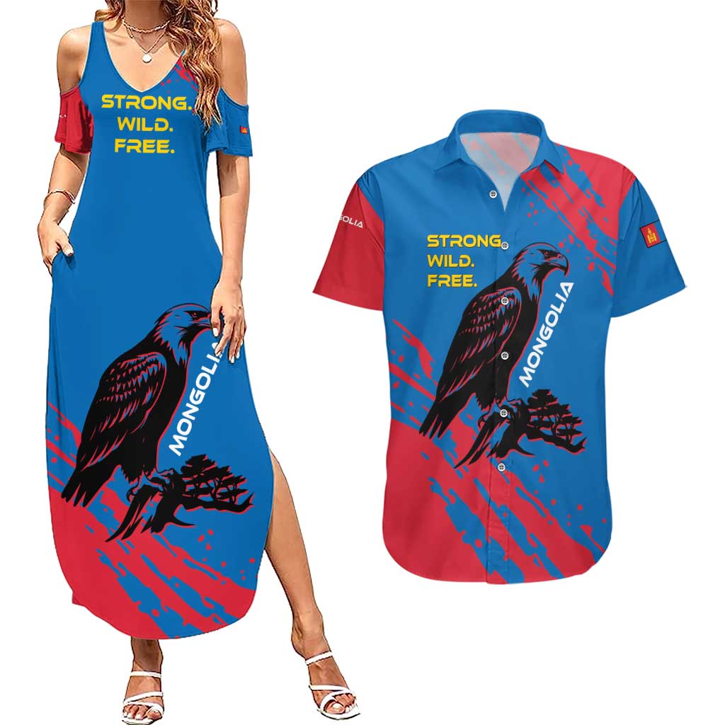 Mongolia Couples Matching Summer Maxi Dress and Hawaiian Shirt with Eagle Strong Wild Free Red Blue Brush Spirit