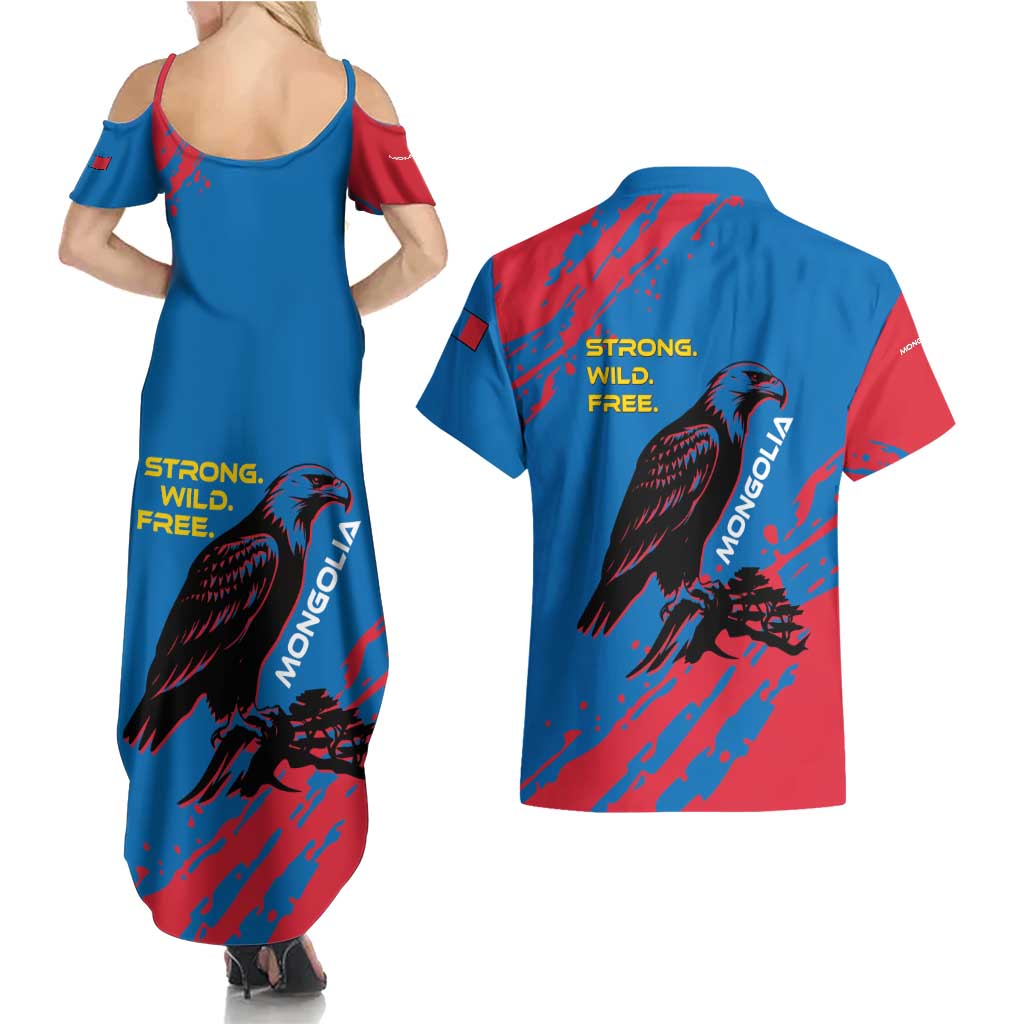 Mongolia Couples Matching Summer Maxi Dress and Hawaiian Shirt with Eagle Strong Wild Free Red Blue Brush Spirit
