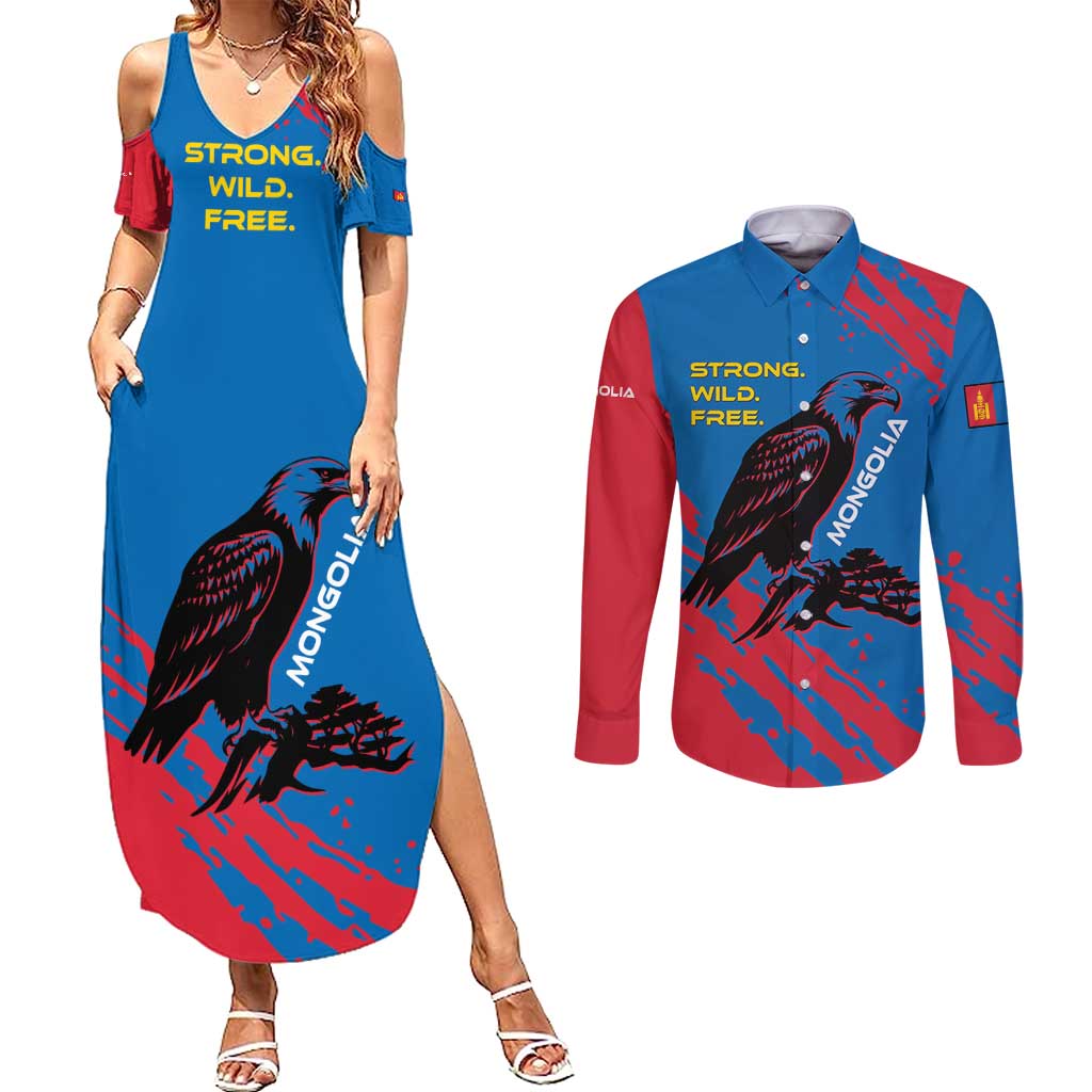 Mongolia Couples Matching Summer Maxi Dress and Long Sleeve Button Shirt with Eagle Strong Wild Free Red Blue Brush Spirit