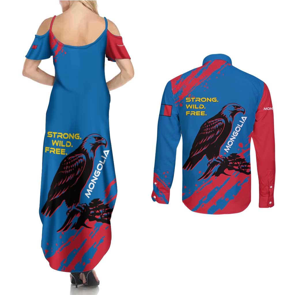 Mongolia Couples Matching Summer Maxi Dress and Long Sleeve Button Shirt with Eagle Strong Wild Free Red Blue Brush Spirit