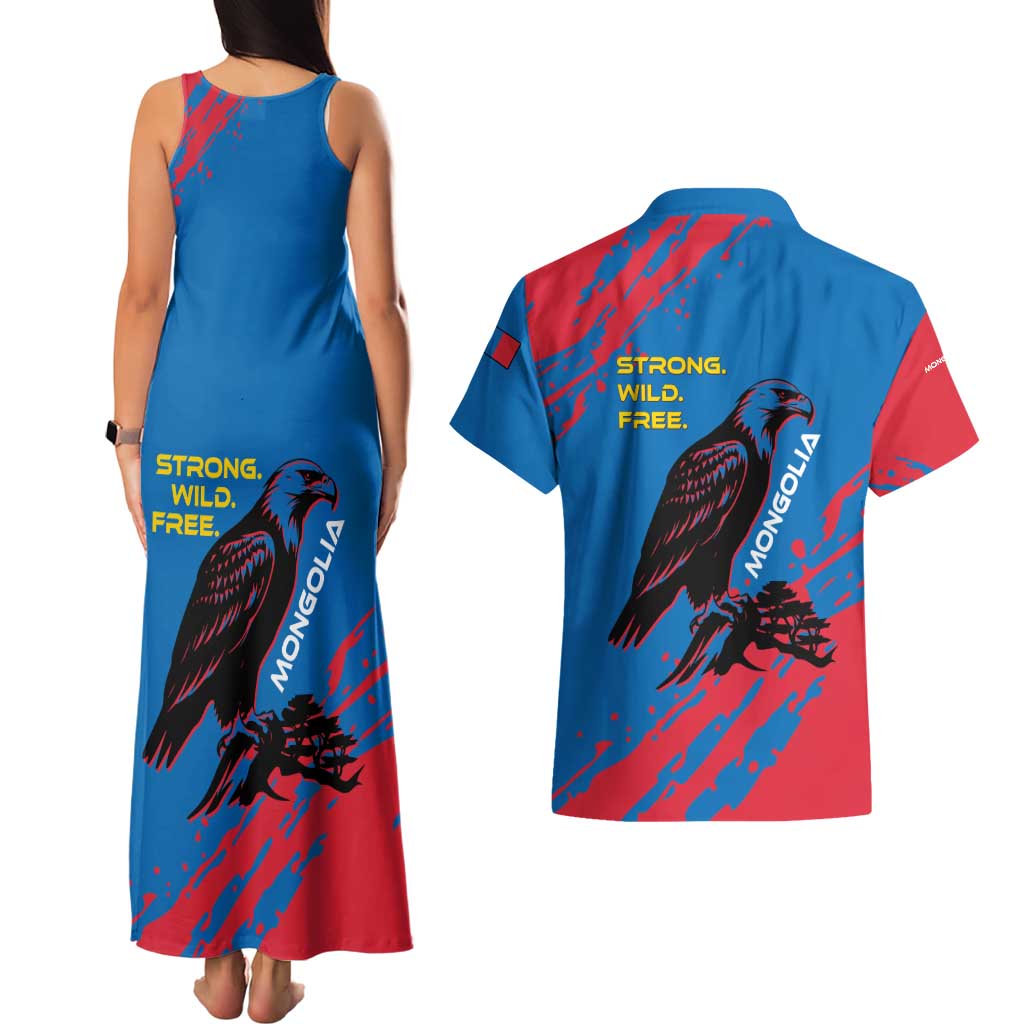 Mongolia Couples Matching Tank Maxi Dress and Hawaiian Shirt with Eagle Strong Wild Free Red Blue Brush Spirit