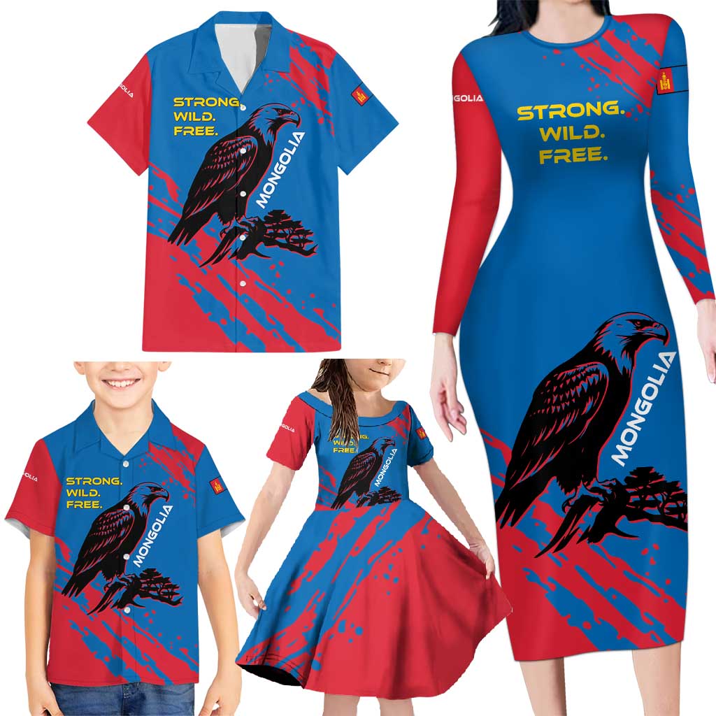 Mongolia Family Matching Long Sleeve Bodycon Dress and Hawaiian Shirt with Eagle Strong Wild Free Red Blue Brush Spirit
