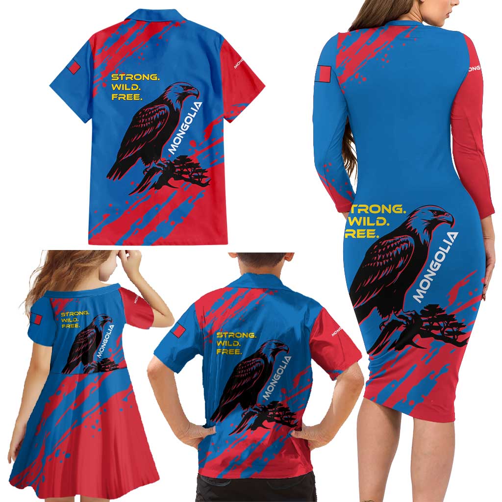 Mongolia Family Matching Long Sleeve Bodycon Dress and Hawaiian Shirt with Eagle Strong Wild Free Red Blue Brush Spirit